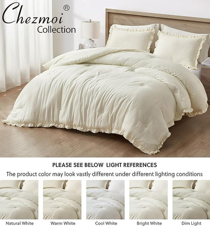 Chezmoi Collection Nora Ivory Comforter Set Queen Size 3-Piece Lightweight Fluffy Soft Stone-Washed Ruffled Shabby Chic Bedding for All Season