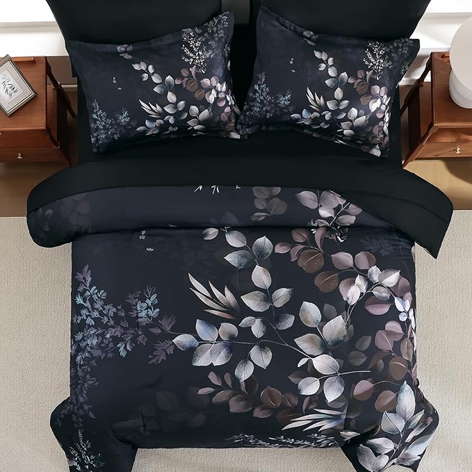 Xruibed Black Comforter Set King Size 7 Pieces Bed in a Bag, Botanical Floral Print Bed Sets, Elegant Flower Comforter with Sheet Set, Soft Microfiber Bedding Set for All Season (Black, 104"x90")