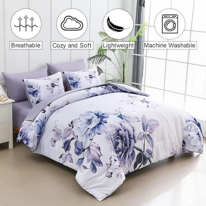 Drucon Purple Floral Comforter Set King, 7 Pieces Bed in a Bag Botanical Floral Comforter Soft Microfiber Purple Bedding Set King Size Bed with Sheet and Pillowcase