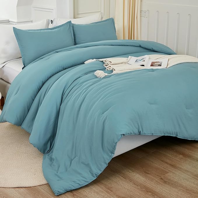 Litanika Oversized King Comforters Grayish Teal Super King Plus Size, 3 Pieces Lightweight Solid Bedding Comforter Set, All Season Fluffy Bed Set (128x120In Comforter & 2 Pillowcases)
