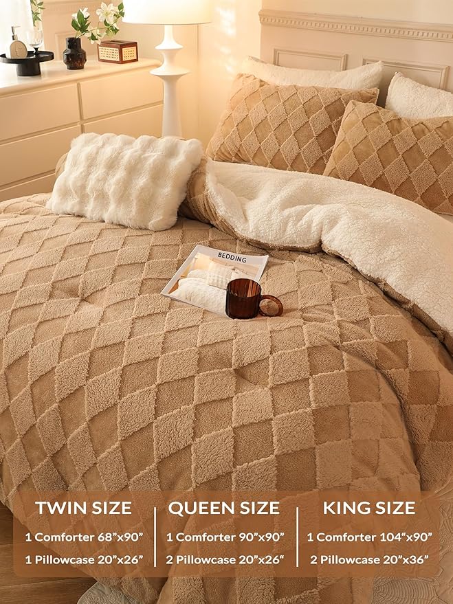 Tufted Fleece Comforter Set King - Super Soft Warm Fluffy Shaggy Bedding Sets, Diamond Plaid Jacquard Bed Set for Winter, 1 Sherpa Comforter with 2 Pillow Cases (104"X90" Beige)