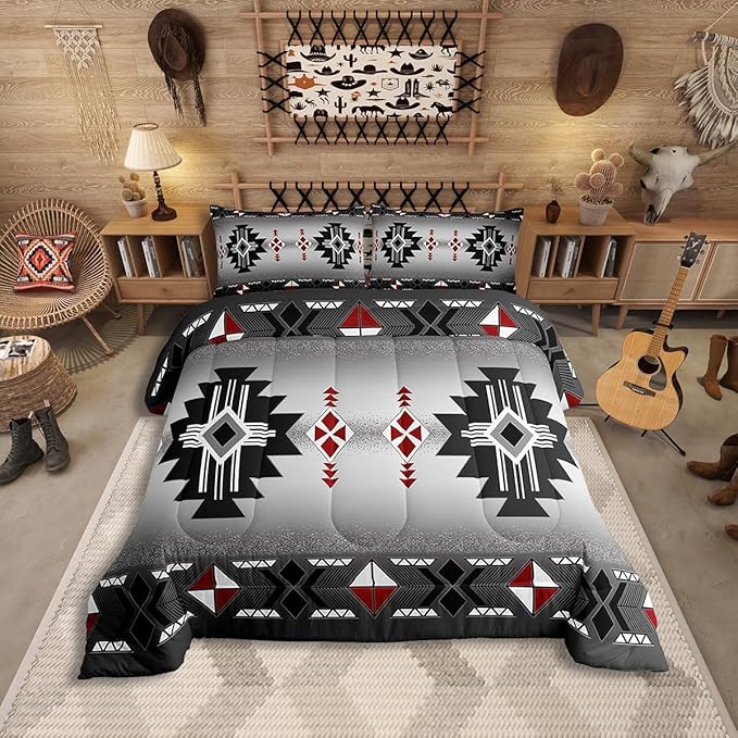 Erosebridal Rustic Western Comforter Set Twin, Southwestern Aztec Bedding Set for Boys Teens Men Bedroom, Exotic American Native Bedding Comforter Sets Vintage Bohemian Geometric Quilt, Red Grey