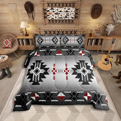 Erosebridal Rustic Western Comforter Set Twin, Southwestern Aztec Bedding Set for Boys Teens Men Bedroom, Exotic American Native Bedding Comforter Sets Vintage Bohemian Geometric Quilt, Red Grey