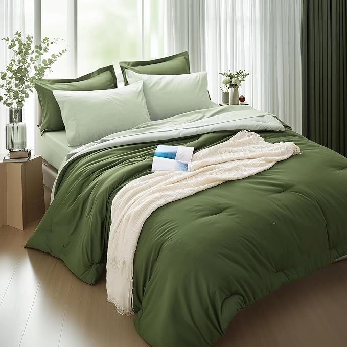 Full Size Comforter Sets 7 Pieces, Dark Green, Reversible Sage Green, Full Bedding Sets, Soft Bed in a Bag Full with Comforter, Sheets, Pillowcases & Shams, All Seasons Boho