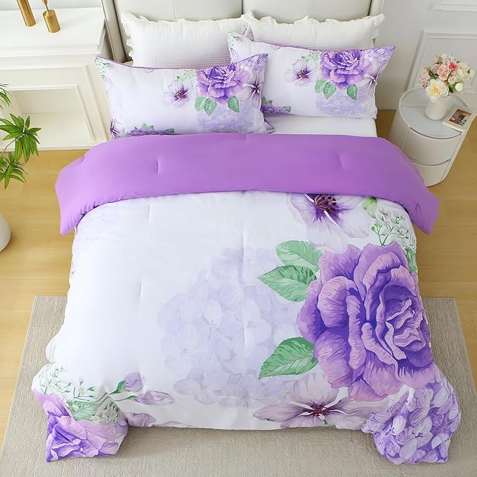Floral Comforter Set King Size, 3 Pieces Elegant Purple Floral Bed in a Bag, Soft Microfiber Botanical Flower Bedding Set with 2 Pillowcases for All Season 104"×90"