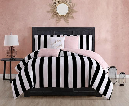 Juicy Couture Cabana Stripe Reversible Bedding Set - Queen Size - Black and White Stripe Print – 6 Piece Set – Includes 1 90" x 90" Comforter, 3 Decorative Pillows, 2 Shams