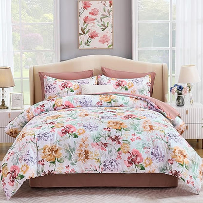 Luxudecor Floral Comforter Set King Size 7 Pieces Bed in a Bag, Dusty Rose Pink Flower Watercolor Bed Set, Soft Comforter with Sheet Set 104"x90"