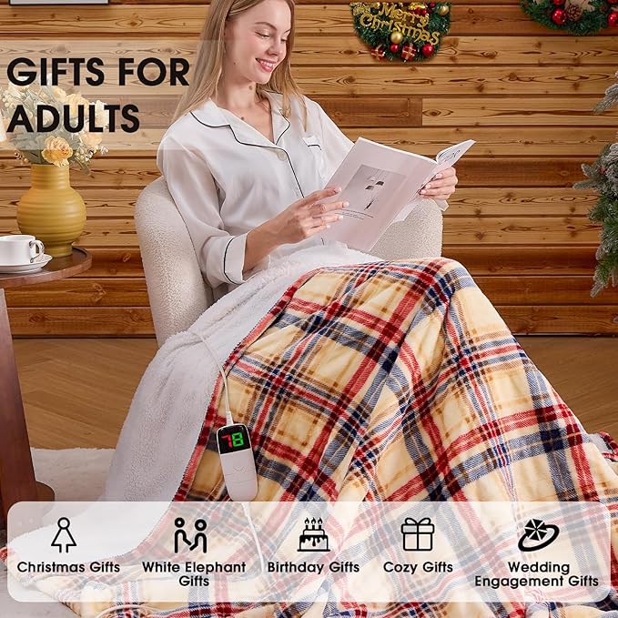 Heated Electric Blanket Queen Size, 84X90 Heating Blanket Queen with Dual Control&10 Heats Levels&Timer for Bed,Brown Plaid Sherpa Soft Blankets Warmer Gift for Grandma Women Adults, Washable