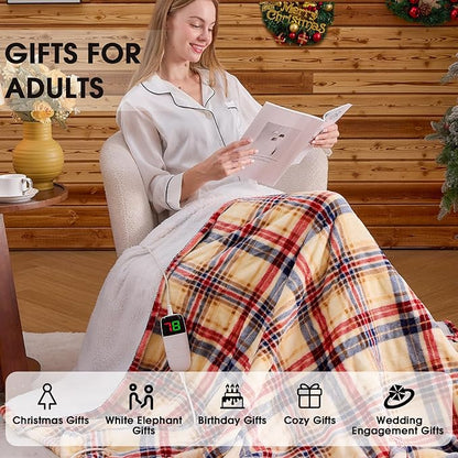 Brown Heated Blanket Electric Throw, 50X60 Heating Throw with 10 Heating Levels & 8 Hours Auto Off, Plaid Sherpa Blanket Warmer for Adults, Farmhouse Home Decor for Couch Bed Office Gifts for Mom