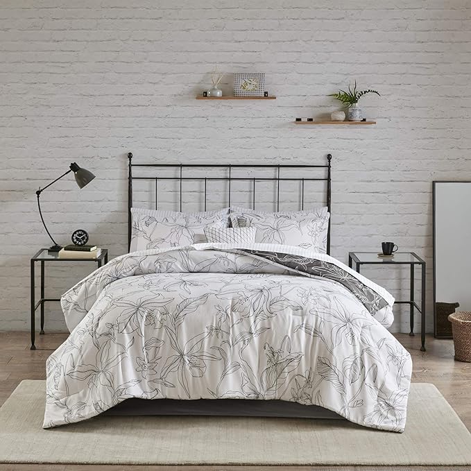 Madison Park Essentials Cozy Bed In A Bag Comforter with Complete Cotton Sheet Set - Trendy Floral Design All Season Cover, Decorative Pillow, Full(78"x86"), White/Charcoal 9 Piece
