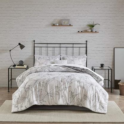 Madison Park Essentials Cozy Bed In A Bag Comforter with Complete Cotton Sheet Set - Trendy Floral Design All Season Cover, Decorative Pillow, Full(78"x86"), White/Charcoal 9 Piece