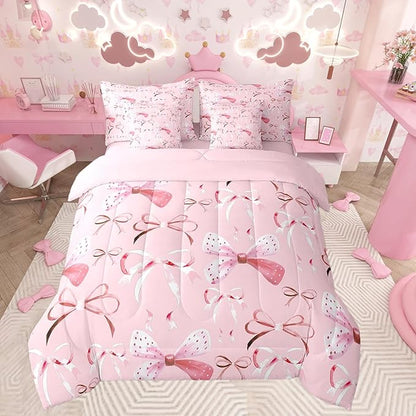 Feelyou Pink Girls Bow Bedding Set for All Season Boys Girls Twin Size Bow 7 Pieces Comforter Sets for Kids Women Men Cute Bowknot Bed in a Bag with Comforter, Sheets, Pillowcases & Cushion Cover