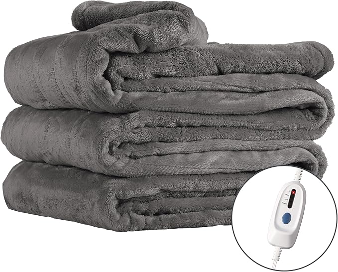 Electric Heated Blanket Queen Size 84"x90", Soft Plush Microplush for Bed, Dual Controllers & Heating Zones, 10 Hs Auto Off & 4 Heating Levels, Machine Washable, Gifts for Family-Light Gray