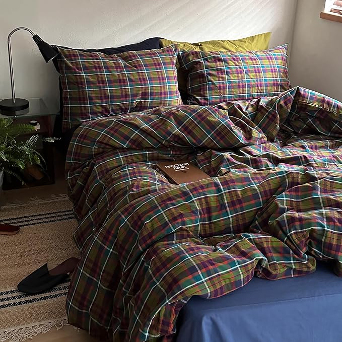 mixinni Vintage Multicolor Gingham Comforter Set King Size - 100% Washed Cotton 3-Piece Retro Plaid Pattern Bedding Set (1 Comforter + 2 Pillowcases), All-Season Lightweight & Breathable