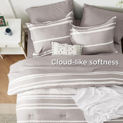 Bedsure Queen Comforter Set 7 Pieces, Taupe Striped Bedding Set for All Seasons, Reversible, Cationic Dyeing Bed in a Bag with Comforter, Sheets, Pillowcases & Shams