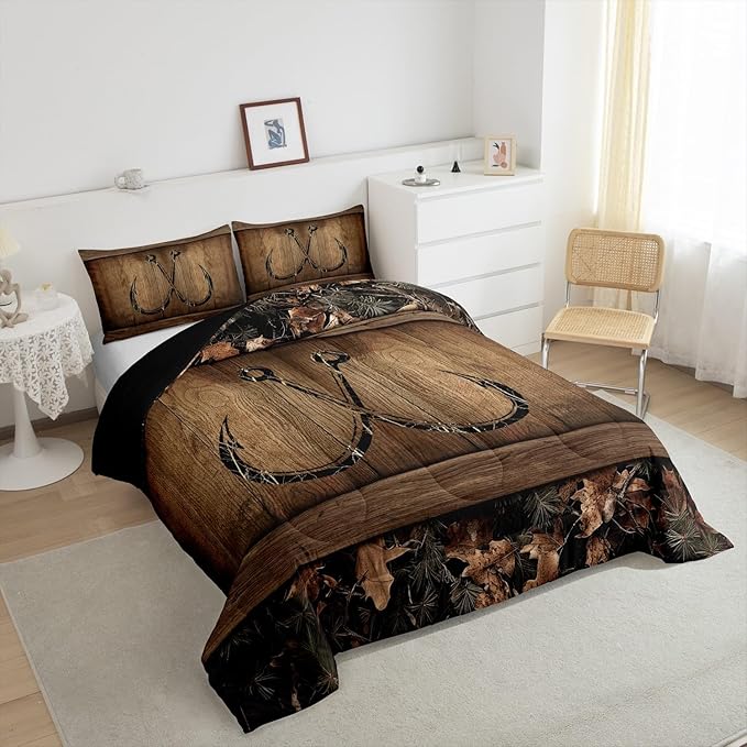 Erosebridal Rustic Lake Cabin Comforter Set Farmhouse Fishing Bedding Set Twin Size Tree Branches Camo Fish Hook Quilt Comforter for Kids Boys Teen Men Country Camouflage Bed Duvet Set 2 Pcs