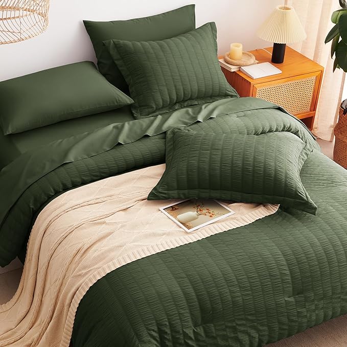 CozyLux Twin Comforter Set with Sheets 5 Pieces, Olive Green Seersucker Textured Bed in a Bag, Luxury Soft Bedding Set with Down Alternative Comforter, Sheets, Pillowcases & Shams for All Seasons