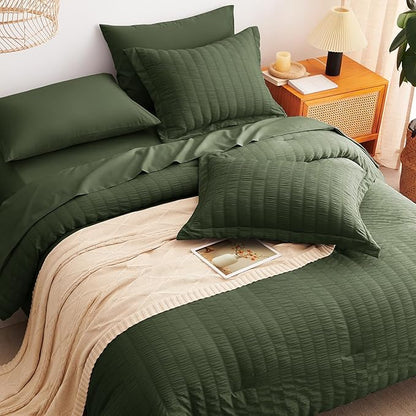 CozyLux Twin Comforter Set with Sheets 5 Pieces, Olive Green Seersucker Textured Bed in a Bag, Luxury Soft Bedding Set with Down Alternative Comforter, Sheets, Pillowcases & Shams for All Seasons