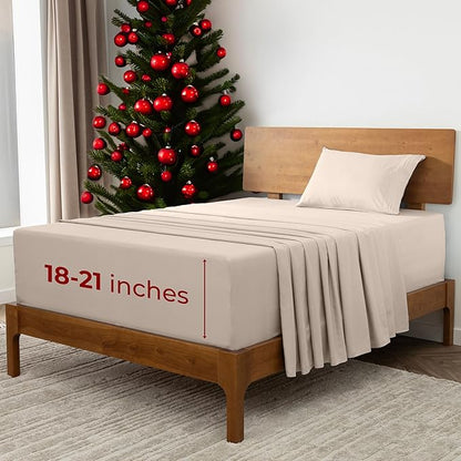 Mellanni Extra Deep Twin XL Sheets - 3 PC Iconic Collection Bedding - Hotel Luxury, Ultra Soft, Cooling Bed Sheets - Wrinkle, Fade, Stain Resistant (Twin Extra Long, Beige)
