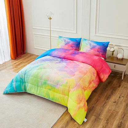 Rainbow Marble Comforter Sets,Texture in Rainbow Colors. Acrylic Painting with Bright Pink, Blue, Green and Yellow Colors.Decorative Bedding Comforter Sets with 2 Pillow Shams, Twin Size