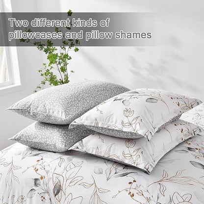 Grey 7 Pieces Grey Floral Comforter Set King, Botanical Bed in a Bag Reversible Golden Leaves Bedding Set Soft Microfiber King (1 Comforter,2 Pillowcase,2 Pillow Shames,1 Flat Sheet,1 Fitted Sheet)