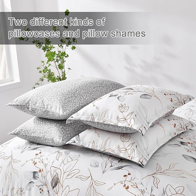 WONGS BEDDING Grey Comforter Set Queen,7 Pieces Reversible Botanical Bed in a Bag Golden Leaves Bedding Set Microfiber Queen (1 Comforter,2 Pillowcase,2 Pillow Shames,1 Flat Sheet,1 Fitted Sheet)