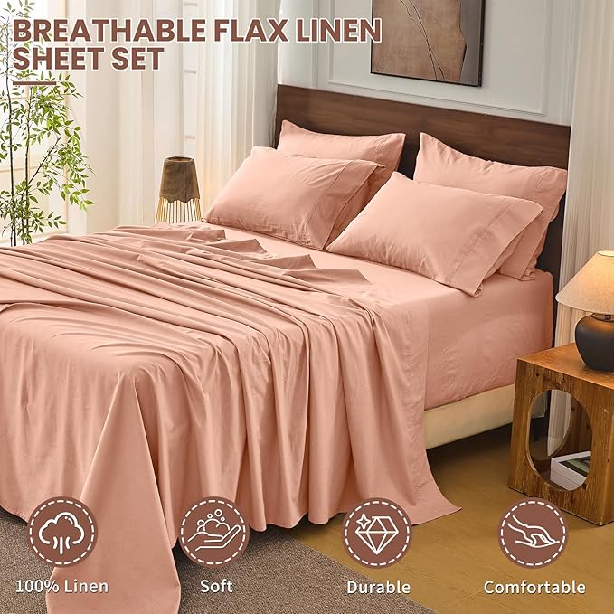Bedlifes 100% French Flax Linen Sheets Set California King Size-6 Piece Extra Deep Pocket 18-24",Soft Breathable Cal King Bed Sheets with Temperature Regulating & Moisture-Wicking(Blush Pink
