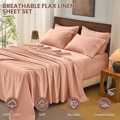 Bedlifes 100% French Flax Linen Sheets Set California King Size-6 Piece Extra Deep Pocket 18-24",Soft Breathable Cal King Bed Sheets with Temperature Regulating & Moisture-Wicking(Blush Pink