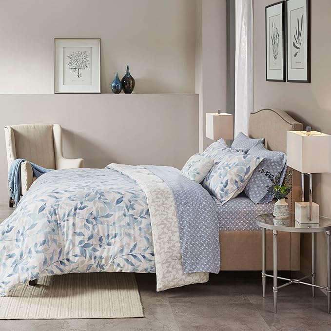 Madison Park Essentials Cozy Bed in a Bag Reversible Comforter with Complete Sheet Set - Modern Botanical Print All Season Cover, Shams, Decorative Pillow, Cal King(104"x92"), Blue 8 Piece