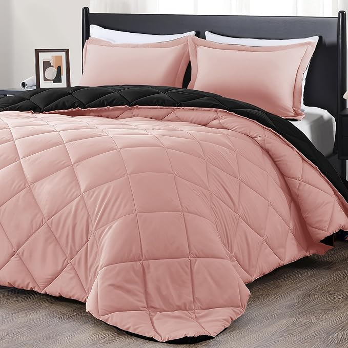 downluxe Queen Comforter Set - Pink and Black Queen Comforter, Soft Bedding Sets for All Seasons -3 Pieces - 1 Comforter (88"x92") and 2 Pillow Shams(20"x26")