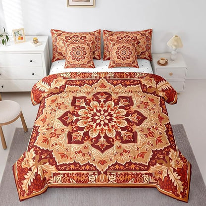 Erosebridal Peony Oriental Medallion Bed in a Bag Art Deco Floral Bedding Full Size 7pcs, Vintage Paisley Comforter Set Hippie Flower Bedding Comforter Sets, Retro Rustic Farmhouse Bedding Accessories