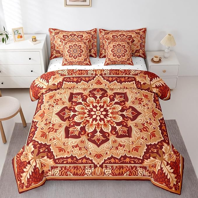 Erosebridal Peony Oriental Medallion Bed in a Bag Art Deco Floral Bedding Set, Vintage Paisley Queen Comforter Set 7-Piece Hippie Flower Bedding Comforter Sets, Retro Rustic Farmhouse Bed Sheets Set
