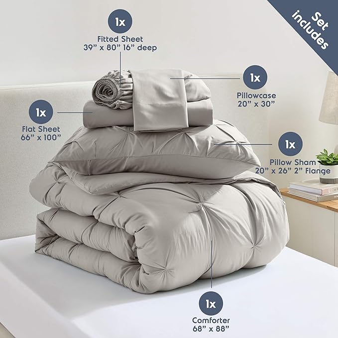 Nestl Twin XL Comforter Set 5 Piece - Pintuck Twin XL Bedding Set Linen, College Dorm Room Essentials Bed in a Bag, Twin XL Comforter Set for College Girls and Boys with Sheets, Pillowcase and Sham