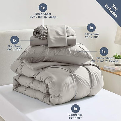 Nestl Twin XL Comforter Set 5 Piece - Pintuck Twin XL Bedding Set Linen, College Dorm Room Essentials Bed in a Bag, Twin XL Comforter Set for College Girls and Boys with Sheets, Pillowcase and Sham