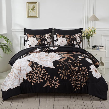Yogeneg 7 Piece Bed in a Bag Queen Comforter Set Botanical Floral Bedding Set,White Flowers Leaves Printed on Black Reversible Design,Soft Microfiber Comforter with Sheet Set,All Season