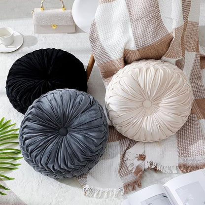 3 Pcs Round Throw Pillows Decorative Velvet Pleated Throw Pillows 15'' Diameter Accent Pumpkin Boho Chair Cushion for Couch Sofa Chair Bed Home Decoration (Black,White,Gray)