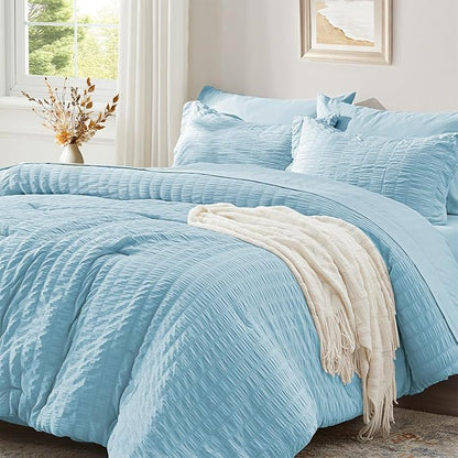 Zzlpp Queen Comforter Set 7 Pieces, Light Blue Seersucker Bed in a Bag with Comforter, Pillow Shams, Pillowcases, Flat Sheet, Fitted Sheet