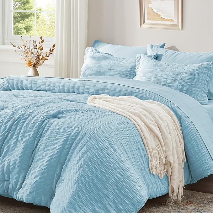 Zzlpp Full Comforter Set 7 Pieces, Light Blue Seersucker Bed in a Bag with Comforter and Sheets, All Season Bedding Sets with 1 Comforter, 2 Pillow Shams, 2 Pillowcases, 1 Flat Sheet, 1 Fitted Sheet