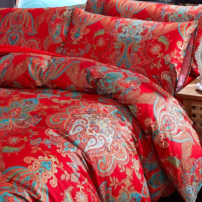 mixinni Red Paisley Comforter Sets Twin XL Size Bed Shabby Chic Print Comforter All Season 3 Pieces 1 Fluffy Soft Comforter with 2 Pillow Shams-Twin XL Size