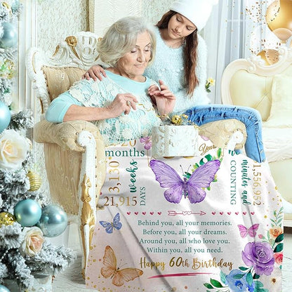 ZWERIVP 60th Birthday Gifts for Women, 60th Women Birthday Gift Ideas, 1965 Bday Present for Woman, 60 Year Old Woman Mom Sister Bday Present, Happy 60yr Female Bday Decorations Throw Blanket 50"X60"
