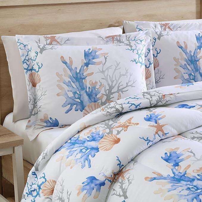 Caribbean Joe King 3-Piece Comforter Set, Tropical Coastal Beach Design Bedding, Coastal Damask
