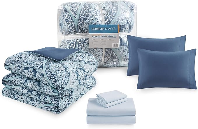 Comfort Spaces Bed in A Bag - Trendy Casual Design Cozy Comforter with Complete Sheet Set with Side Pocket, All Season Cover, Matching Shams, Queen(90"x90"), Gloria, Damask Blue 9 Piece