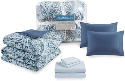 Comfort Spaces Bed in A Bag - Trendy Casual Design Cozy Comforter with Complete Sheet Set with Side Pocket, All Season Cover, Matching Shams, King(104"x90"), Gloria, Damask Blue 9 Piece