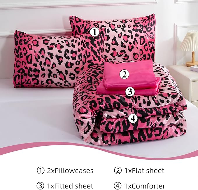 A Nice Night Leopard Printed,Satin Silky Soft Quilt Sexy Luxury Super Soft Microfiber Comforter Quilt Bedding 5PCS Comforter Set, Light Weighted (Pink, Queen(88-by-88-inches))