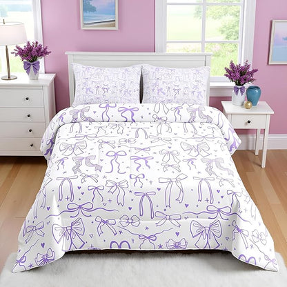 Purple Bowknots Bedding Set King Size,Cartoon Hand Drawn Stars Love Bow Comforter Set,Kawaii Princess Style Quilt Set for Kids Girls Women Teens Room Decor,Romantic Duvet Insert,2 Pillowcases