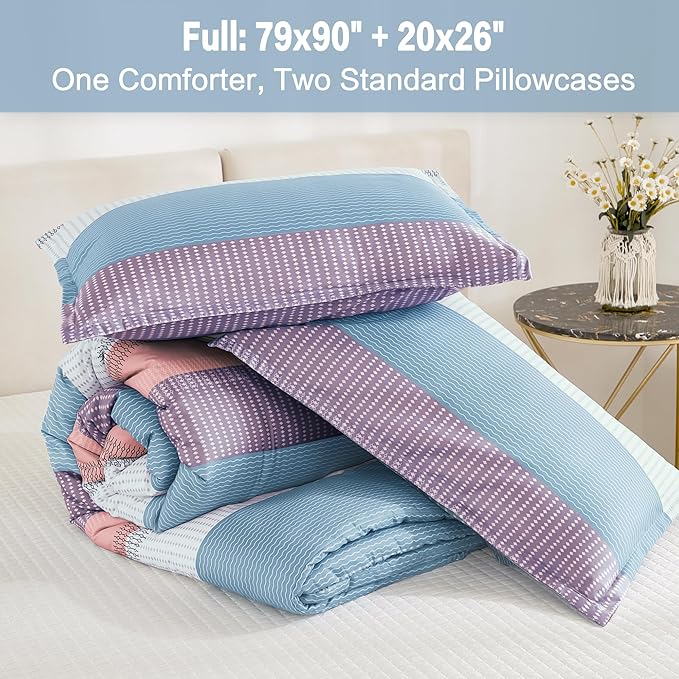 Litanika Full Comforter Set SeaSault - 3 Pieces Lightweight Fluffy Bedding Comforter Sets, All Season Down Alternative Comforter (1 Comforter, 2 Pillowcases)