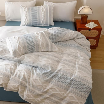 CLOTHKNOW White Blue Bohemian Queen Comforter Set Clipped Jacquard Farmhouse Bedding Comforter Sets Jacquard Stripes Comforter Soft Fluffy