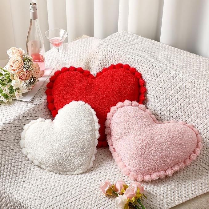 Bucherry 3 Pcs Valentine's Day Heart Throw Pillows, Red White Pink Heart Pillow Soft Decorative Back Cushion for Girls Women Bed Sofa Valentines Wedding Gifts Home Decor(Teddy Velvet,Ruffed Style)