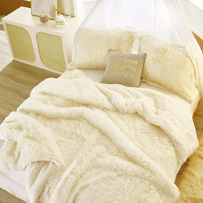 Joyreap 3-Piece Plush Shaggy Comforter Set, Queen Size Luxury Faux Fur Velvet Warm Fluffy Bedding Set for All Season (Cream White, 88x88 inches)