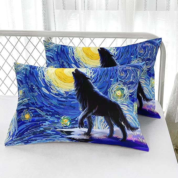 Moon Wolf Comforter Set Moonnight Wolf Bedding Set Full Size Soft Microfiber All Season(1 Comforter & 2 Pillowcases)